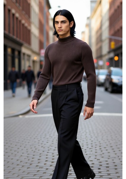 Erkek Fitted Dar Kalıp Dik Yaka Uzun Kol Fitilli Triko Kazak Kış Günleri Için Şık ve Rahat Seçim