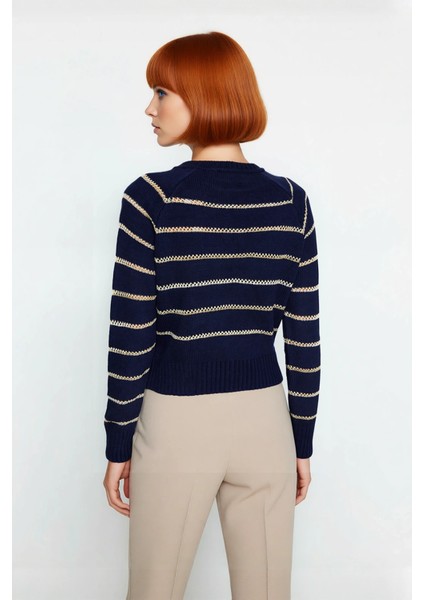 Kadın Oversize Lacivert Simli Çizgili Bisiklet Yaka Reglan Kol Triko Kazak Kış Şıklığı Için fırsatları