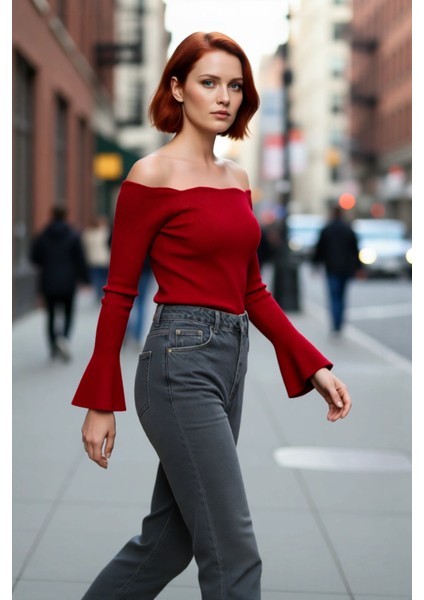 Kadın Carmen Yaka Fitted Akrilik Triko Bluz Uzun Reglan Kollu Fitilli Dokuma Ilkbahar Sonbahar