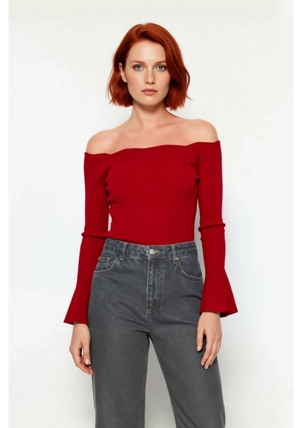 Kadın Carmen Yaka Fitted Akrilik Triko Bluz Uzun Reglan Kollu Fitilli Dokuma Ilkbahar Sonbahar fiyatları