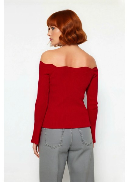 Kadın Carmen Yaka Fitted Akrilik Triko Bluz Uzun Reglan Kollu Fitilli Dokuma Ilkbahar Sonbahar fırsatları