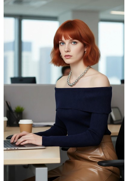 Kadın Ekru Carmen Yaka Fitted Crop Triko Kazak Ilkbahar Sonbahar Için Şık ve Basic Tasarım modelleri