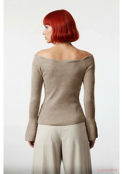 Kadın Carmen Yaka Fitted Akrilik Triko Bluz Uzun Reglan Kollu Fitilli Dokuma Ilkbahar Sonbahar fırsatları
