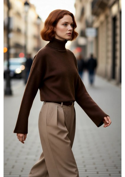 Kadın Oversize Balıkçı Yaka Düşük Kol Süper Crop Triko Kazak Kış ve Sonbahar Için Ideal Günlük