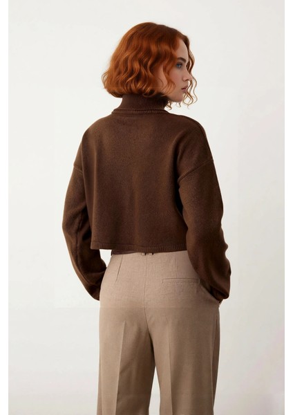 Kadın Oversize Balıkçı Yaka Düşük Kol Süper Crop Triko Kazak Kış ve Sonbahar Için Ideal Günlük fırsatları