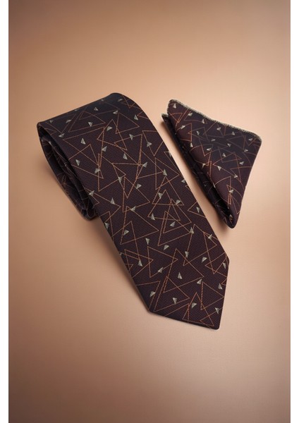 Geometrik Desen Bronz Kravat & Mendil