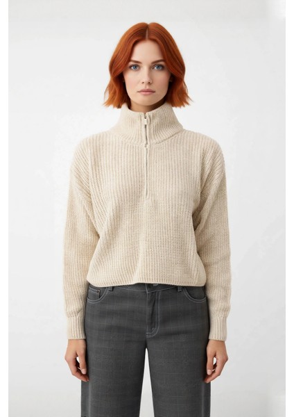 Kadın Oversize Crop Fermuarlı Dik Yaka Selanik Dokuma Akrilik Triko Kazak Kış Günlük Kombinler Için fiyatları