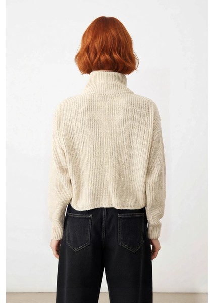 Kadın Oversize Crop Fermuarlı Dik Yaka Selanik Dokuma Akrilik Triko Kazak Kış Günlük Kombinler Için fırsatları