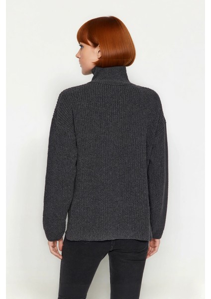 Kadın Dik Yaka Fermuarlı Regular Kalıp Düşük Kol Selanik Örgü Uzun Triko Kazak Soğuk Günler Için fırsatları