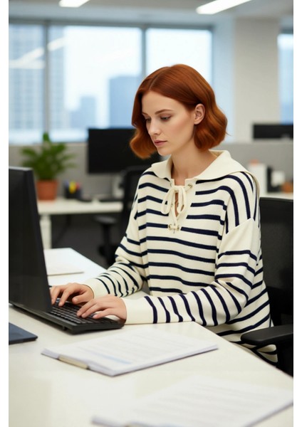 Kadın Relaxed Kalıp Çizgili Bağcıklı Yaka Triko Kazak Günlük Kullanım Için Ideal Seçim Kaliteli modelleri