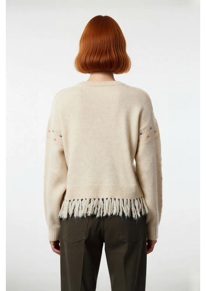 Kadınlar Için Nakış Işlemeli Bisiklet Yaka Super Crop Triko Kazak Düşük Kollu Püsküllü Detaylı Şık fırsatları