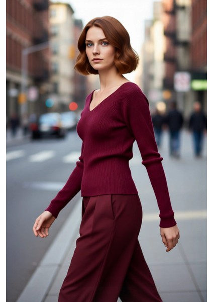 Kadın Fitted V Yaka Ajurlu Ince Triko Kazak Ilkbahar Sonbahar Için Uzun Kollu Şık Tasarım Kaliteli