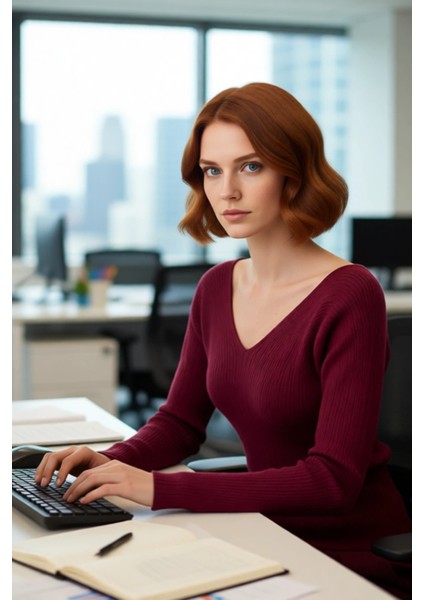 Kadın Fitted V Yaka Ajurlu Ince Triko Kazak Ilkbahar Sonbahar Için Uzun Kollu Şık Tasarım Kaliteli modelleri