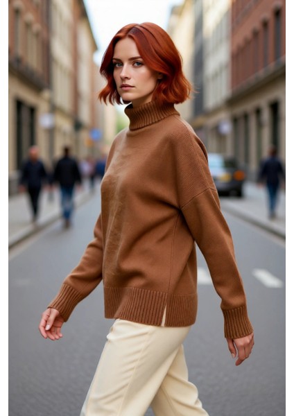 Kadın Oversize Düşük Kol Dik Yaka Uzun Triko Kazak Basic Modern Rahat Kış Günlük Şıklığı Sunar