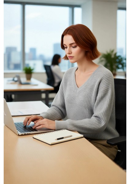 Kadın Gri Oversize V Yaka Triko Kazak Rahat Düşük Kol Fitilli Dokuma Kış Şıklığı Sunar Kaliteli modelleri