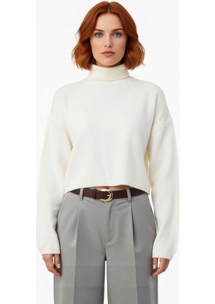 Kadın Oversize Balıkçı Yaka Düşük Kol Süper Crop Triko Kazak Kış ve Sonbahar Için Ideal Günlük fiyatları