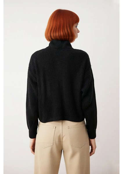 Kadın Basic Oversize Düşük Uzun Kollu Crop Fermuarlı Dik Yaka Triko Kazak Kışlık Rahat Stiller fiyatları