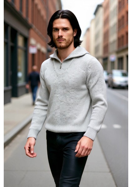 Erkek Regular Fit Fermuarlı Dik Yaka Kalın Triko Kazak Yünlü Karışım Kışlık Günlük Konfor Için Ideal