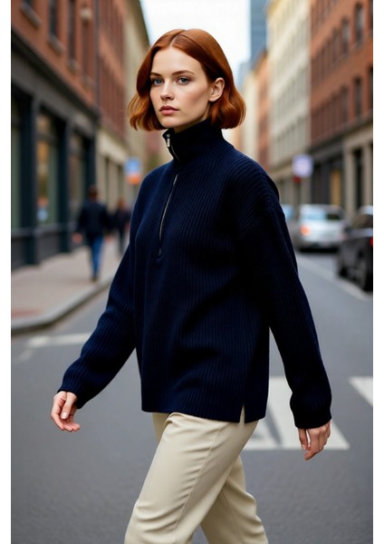 Kadın Dik Yaka Fermuarlı Regular Kalıp Düşük Kol Selanik Örgü Uzun Triko Kazak Soğuk Günler Için