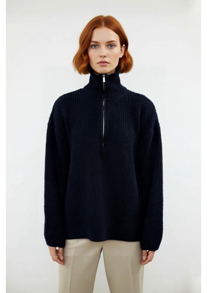 Kadın Dik Yaka Fermuarlı Regular Kalıp Düşük Kol Selanik Örgü Uzun Triko Kazak Soğuk Günler Için fiyatları