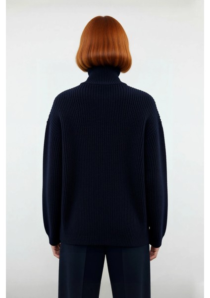 Kadın Dik Yaka Fermuarlı Regular Kalıp Düşük Kol Selanik Örgü Uzun Triko Kazak Soğuk Günler Için fırsatları