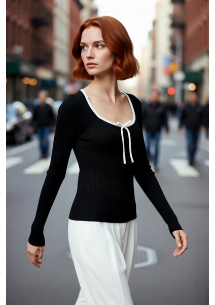 Kadın Havuz Yaka Fitilli Triko Kazak Kurdele Fiyonk Detaylı Ince Yapısıyla Şıklığınızı Tamamlar