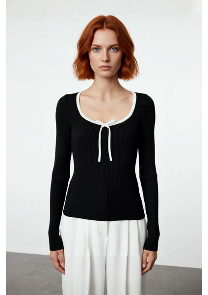 Kadın Havuz Yaka Fitilli Triko Kazak Kurdele Fiyonk Detaylı Ince Yapısıyla Şıklığınızı Tamamlar fiyatları