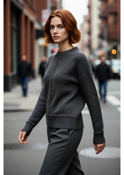 Kadın Oversize Kalın Triko Kazak Düşük Kol Bisiklet Yaka Düz Desen Gri Modern Şık Kışlık Kaliteli