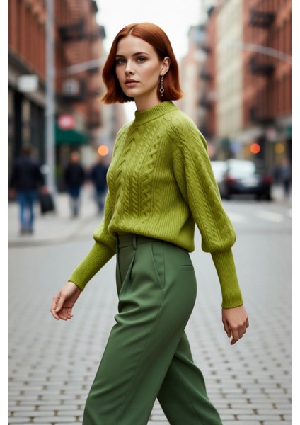 Kadın Regular Kalıp Saç Örgü Desen Dik Yaka Balon Kol Triko Kazak Günlük Şıklık Sunar Kışa Özel