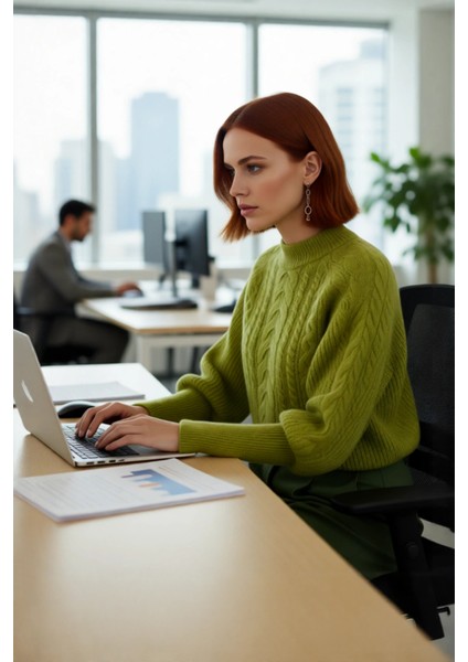 Kadın Regular Kalıp Saç Örgü Desen Dik Yaka Balon Kol Triko Kazak Günlük Şıklık Sunar Kışa Özel modelleri