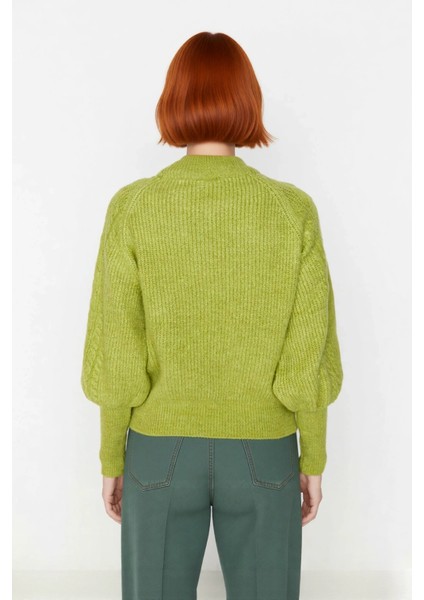 Kadın Regular Kalıp Saç Örgü Desen Dik Yaka Balon Kol Triko Kazak Günlük Şıklık Sunar Kışa Özel fırsatları