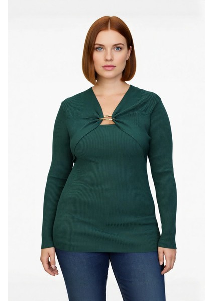 Kadın Fitted Kalıp Fitilli Triko Kazak Özel Iplik Aksesuar Detaylı V Yaka Şık Tasarım Kaliteli fiyatları