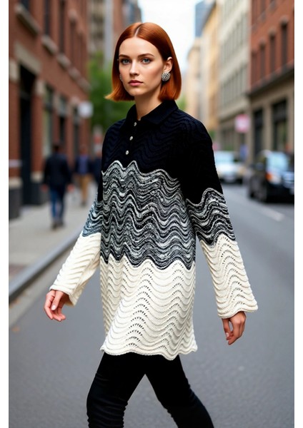 Kadın Renk Bloklu Jakar Dokuma Polo Yaka Uzun Kollu Fitted Triko Kazak Günlük Şıklık Sunar