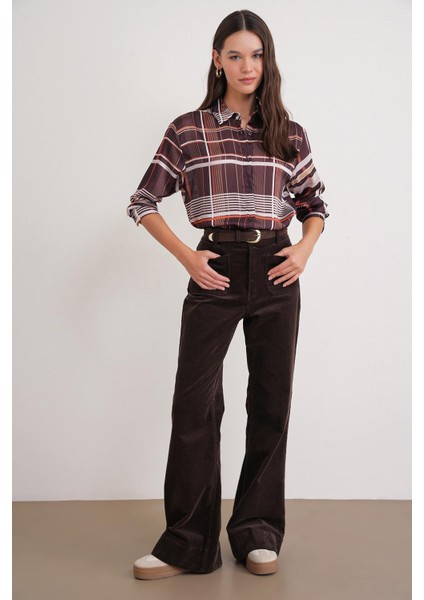 4751 Kadın Ekose Ince Saten Gömlek Kahve fiyatları