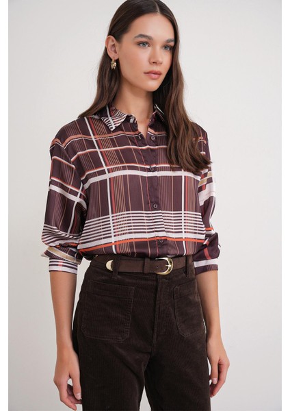 4751 Kadın Ekose Ince Saten Gömlek Kahve modelleri