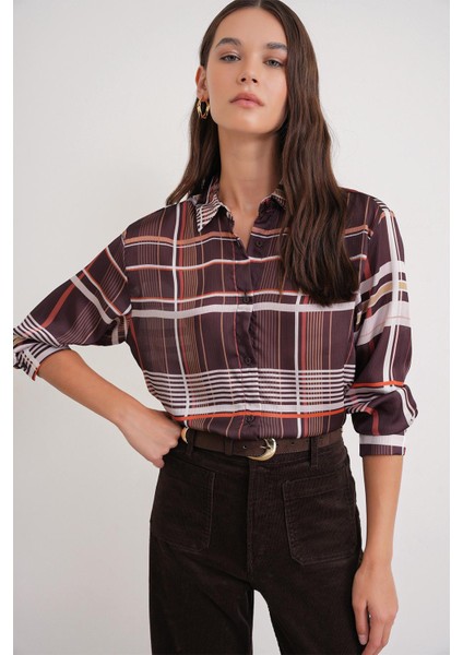 4751 Kadın Ekose Ince Saten Gömlek Kahve fırsatları