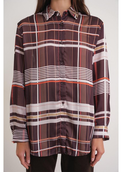 4751 Kadın Ekose Ince Saten Gömlek Kahve indirimleri