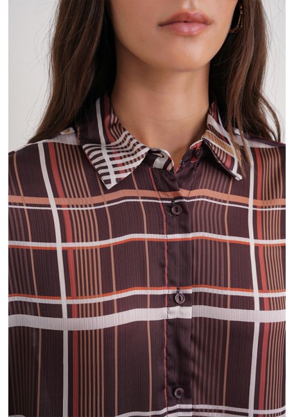 4751 Kadın Ekose Ince Saten Gömlek Kahve