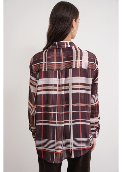 4751 Kadın Ekose Ince Saten Gömlek Kahve