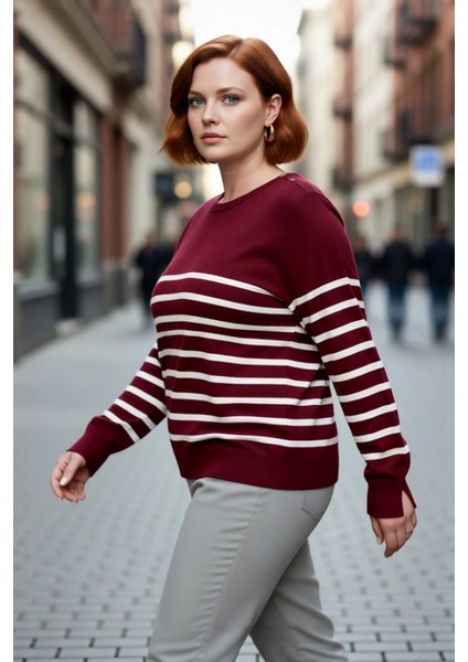 Kadın Çizgili Bisiklet Yaka Relaxed Kalıp Uzun Kollu Triko Kazak Günlük Şıklık ve Konfor Sunar