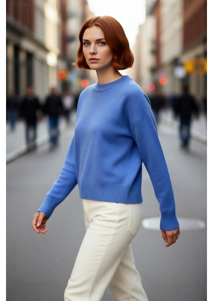 Kadın Oversize Basic Triko Bisiklet Yaka Uzun Düşük Kol Kırmızı Kışlık Günlük Şık Kazak Kaliteli