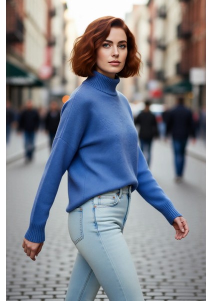 Kadın Oversize Düşük Kol Dik Yaka Uzun Triko Kazak Basic Modern Rahat Kış Günlük Şıklığı Sunar