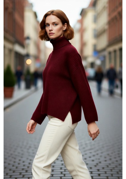 Kadın Oversize Balıkçı Yaka Düz Fitilli Triko Kazak Kış Sezonu Için Rahat Şıklık Sunar Kaliteli