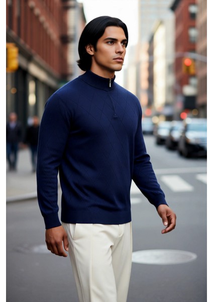 Erkek Gri Regular Kesim Yarım Fermuarlı Dik Yaka Baklava Desenli Triko Kışlık Uzun Kol Kazak