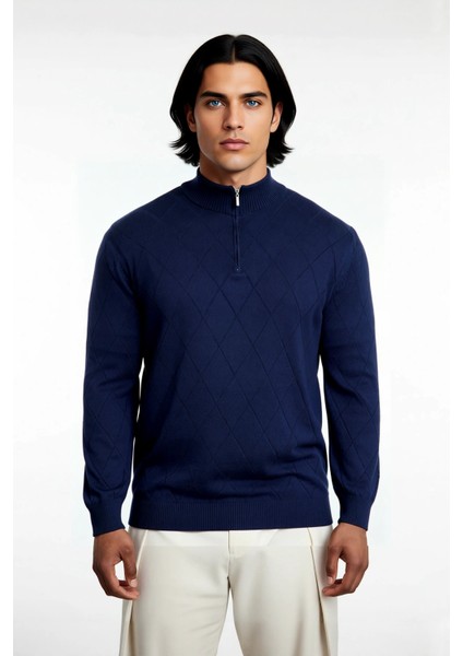 Erkek Gri Regular Kesim Yarım Fermuarlı Dik Yaka Baklava Desenli Triko Kışlık Uzun Kol Kazak fiyatları