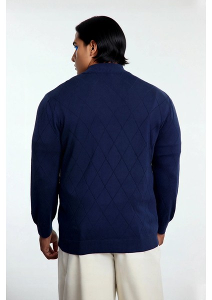 Erkek Gri Regular Kesim Yarım Fermuarlı Dik Yaka Baklava Desenli Triko Kışlık Uzun Kol Kazak fırsatları