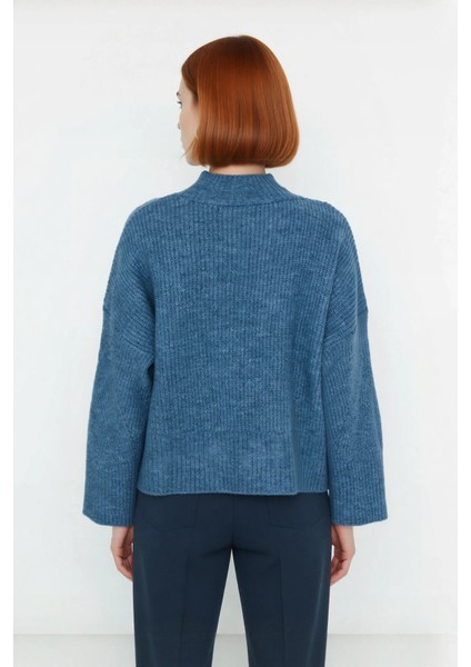 Kadın Gri Oversize Dik Yaka Akrilik Selanik Dokuma Uzun Kollu Basic Triko Kazak Kaliteli Şık fırsatları