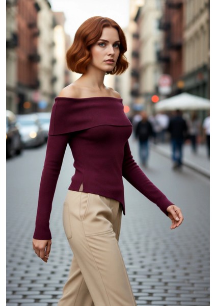 Kadın Fitted Carmen Yaka Ince Triko Kazak Uzun Standart Kol Düz Premium Iplik Sonbahar Şıklığı