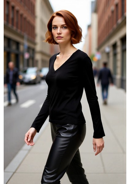 Kadın Siyah V Yaka Triko Kazak Regular Kalıp Standart Kol Günlük Şıklık Sunan Basic Tasarım