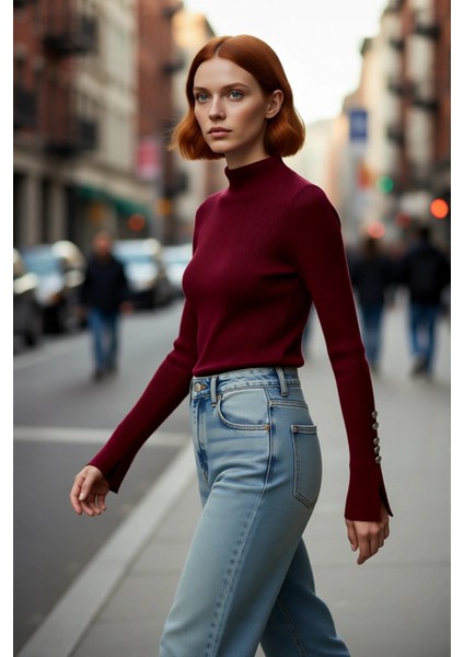 Kadın Fitted Dik Yaka Uzun Kollu Fitilli Dokuma Triko Kazak Casual Basic Şıklık Sunar Kaliteli